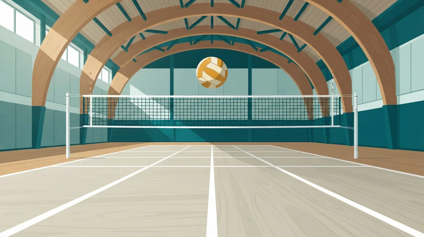 Volleyball über einem gespannten Netz in einer hellen Sporthalle