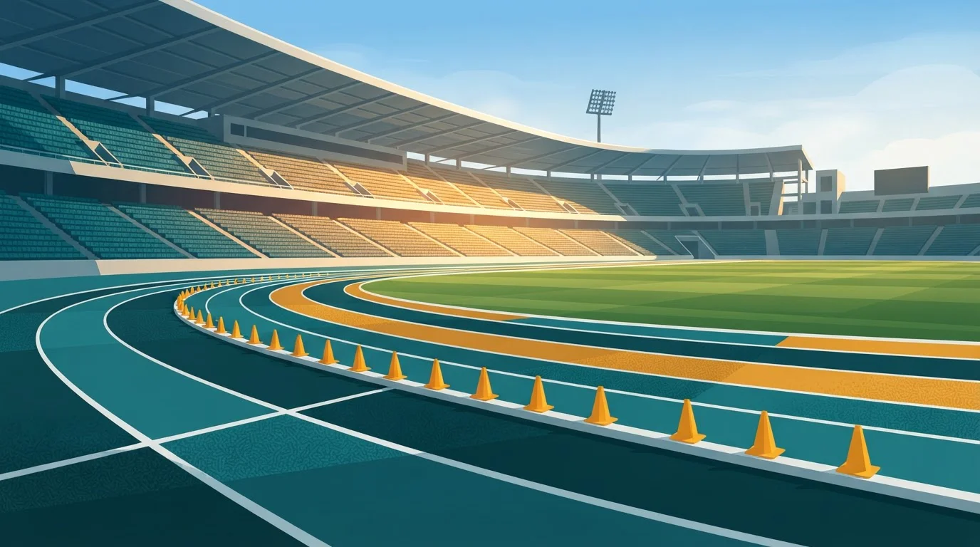 Laufbahnen eines leeren Sportstadions mit farbigen Bahnen und Markierungshütchen