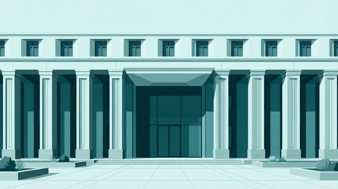 Fassade eines Verwaltungsgebäudes mit steinernen Säulen