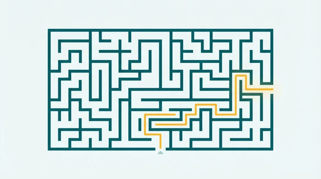 Labyrinth aus klaren Wegen mit markiertem Ausgang