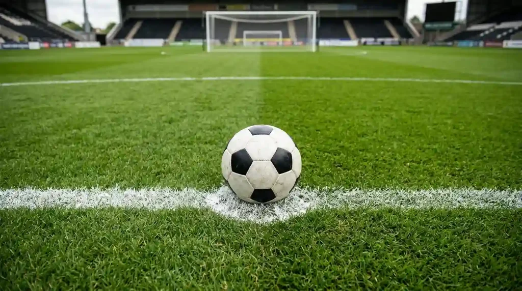 Fußball liegt auf dem Elfmeterpunkt eines markierten Spielfelds