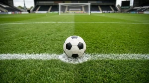 Fußball liegt auf dem Elfmeterpunkt eines markierten Spielfelds