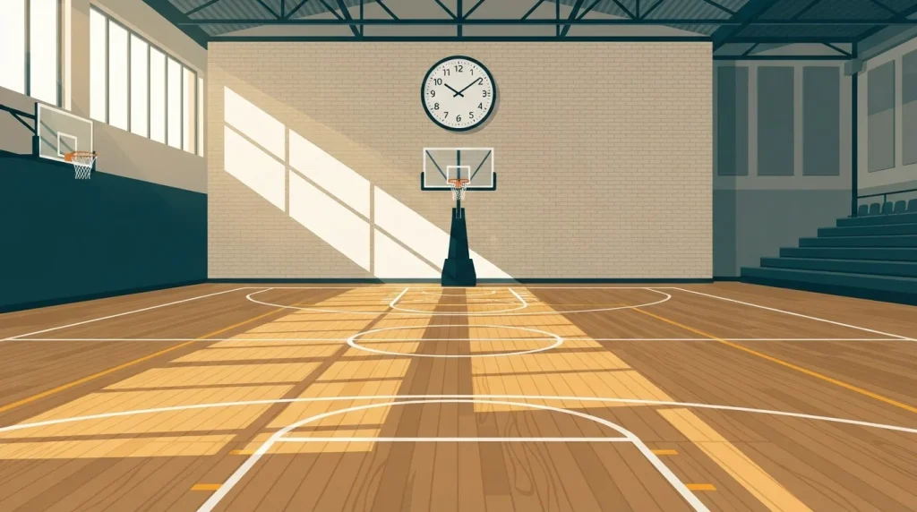 Wanduhr und fliegende Streckenmarkierungen über einem leeren Basketballfeld