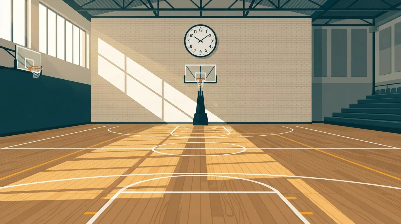 Wanduhr und fliegende Streckenmarkierungen über einem leeren Basketballfeld