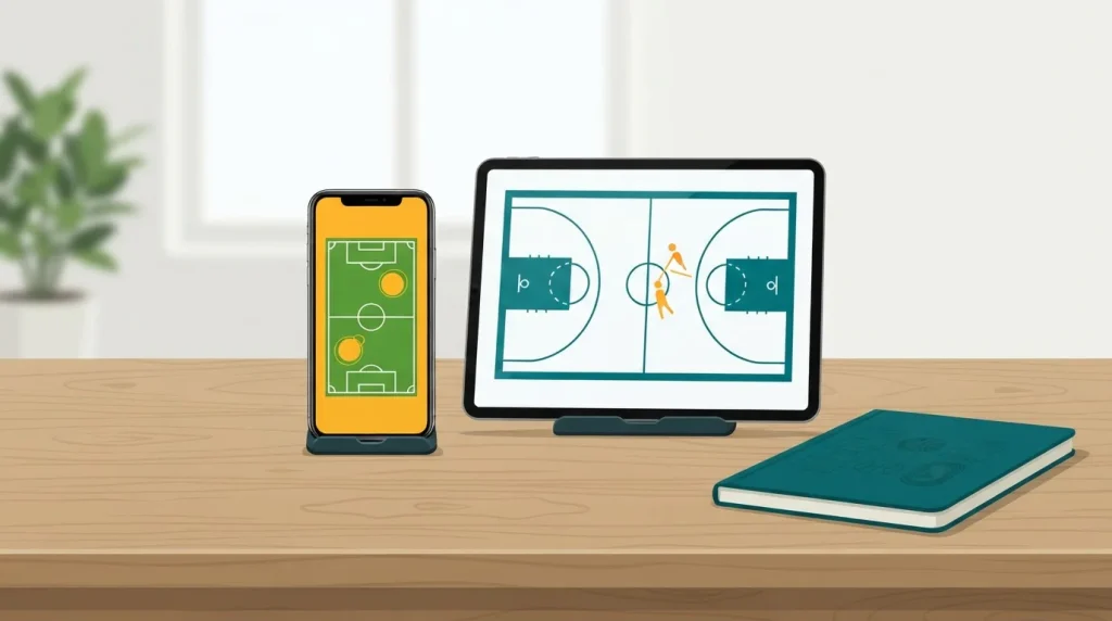Smartphone und Tablet mit neutralen Sportfeld-Silhouetten auf einem Schreibtisch