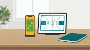 Smartphone und Tablet mit neutralen Sportfeld-Silhouetten auf einem Schreibtisch